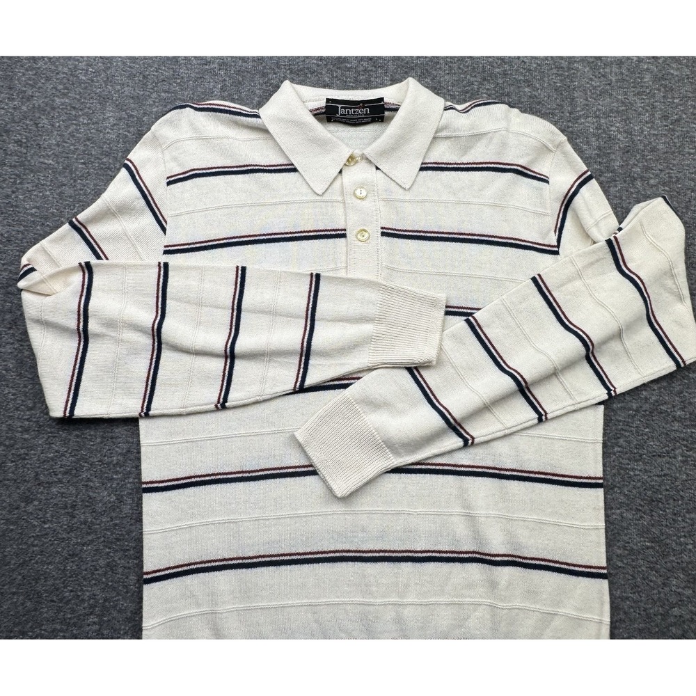 Vtg Jantzen Banded Polo Long Sleeve Mens Sz L Striped Casual Made In USA